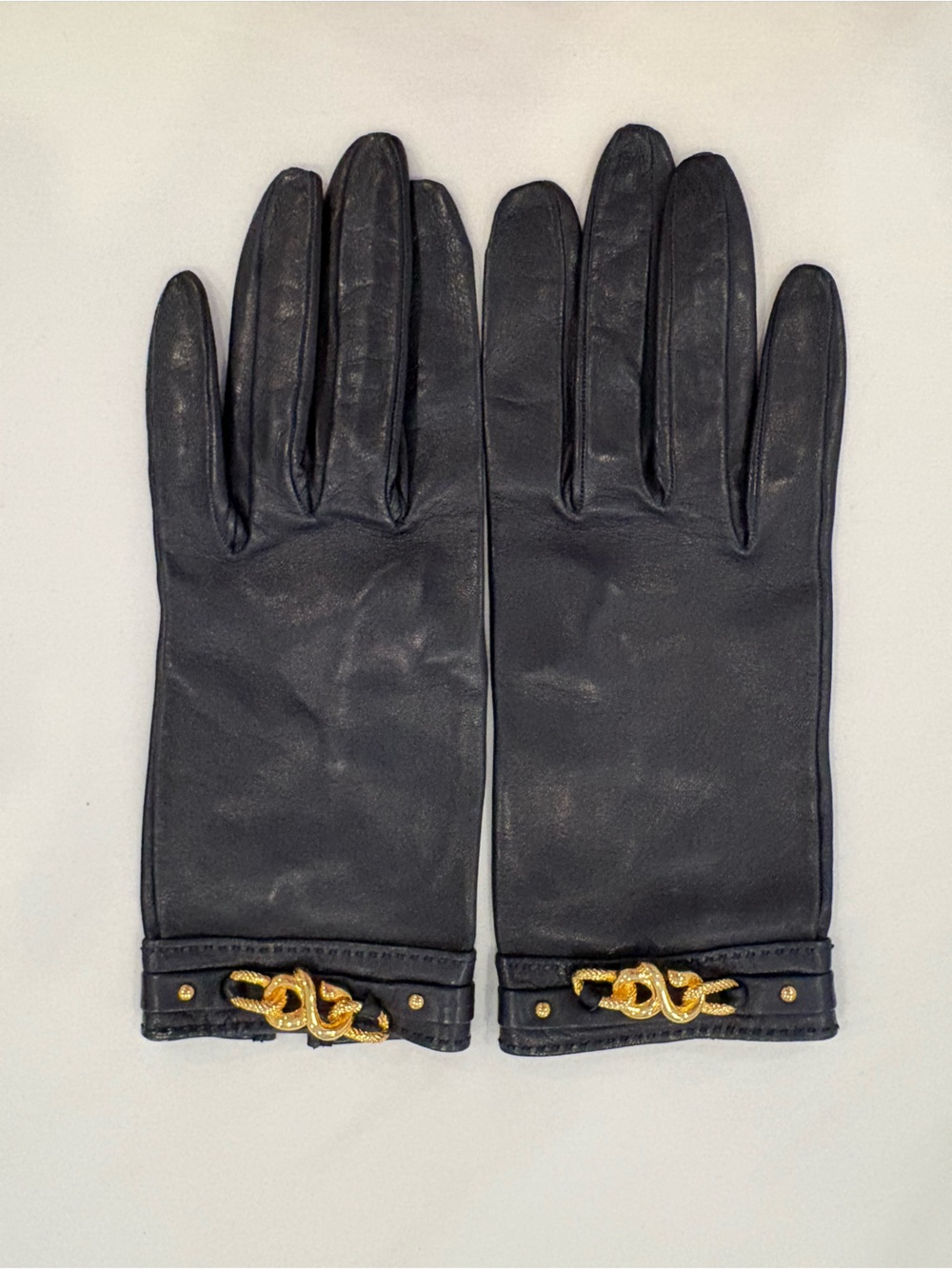 Hermès Paris Rare Vintage Navy Blue Lambskin Gold Chain Gloves size 7.5 EUC - Picture 8 of 8